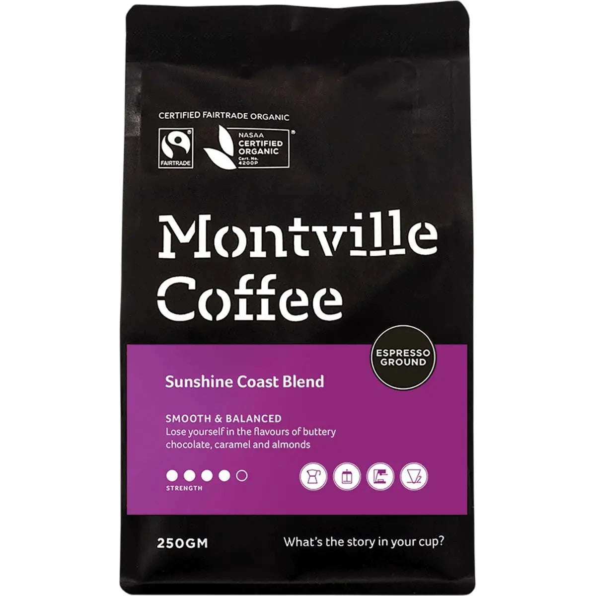 MONTVILLE COFFEE Coffee Ground (Espresso) Sunshine Coast Blend 250g MONTVILLE