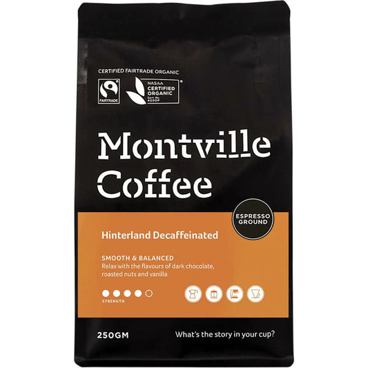 MONTVILLE COFFEE Decaf Coffee Ground (Espresso) Hinterland Blend 250g MONTVILLE