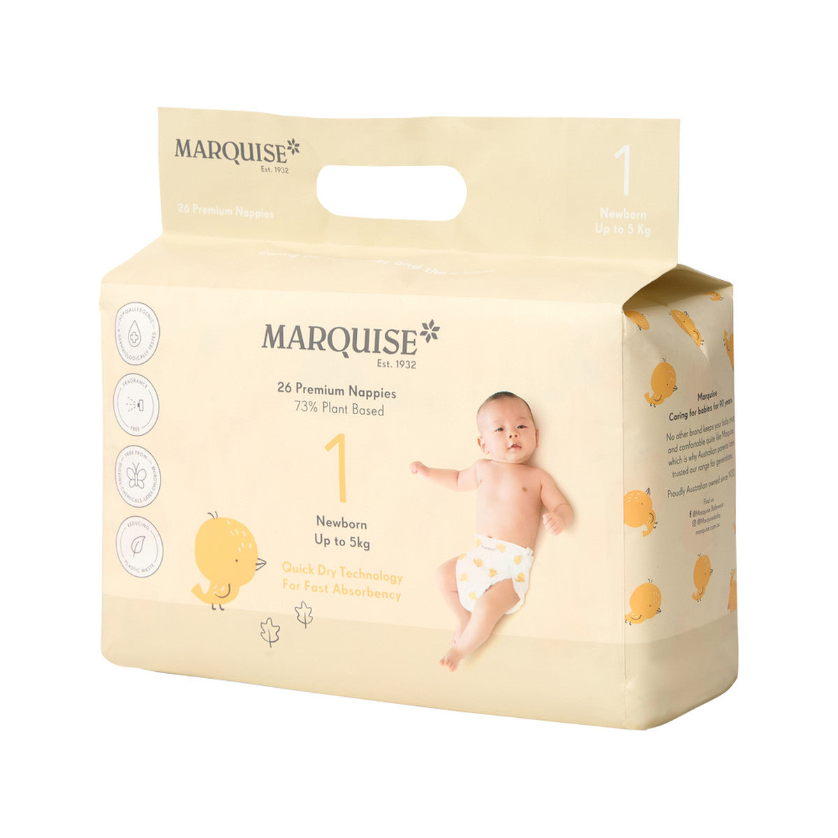 Marquise Premium Nappies (73% Plant Based) Newborn Size 1 (Up to 5kg) x 26 Pack - Cutprice Online
