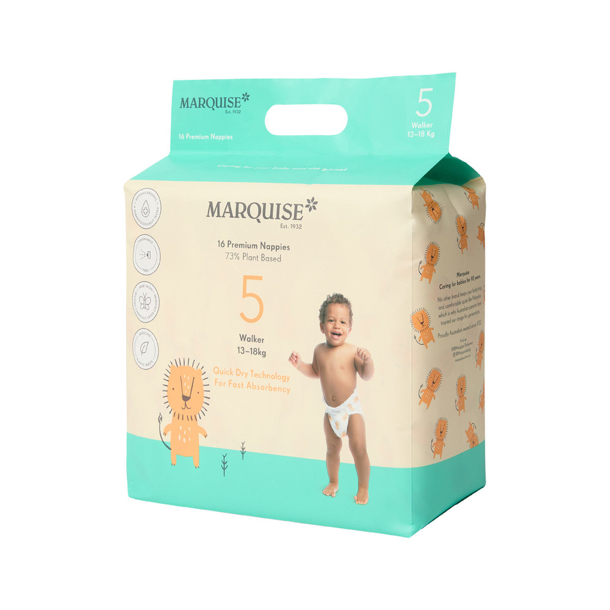 Marquise Premium Nappies (73% Plant Based) Walker Size 5 (13-18kg) x 16 Pack - Cutprice Online