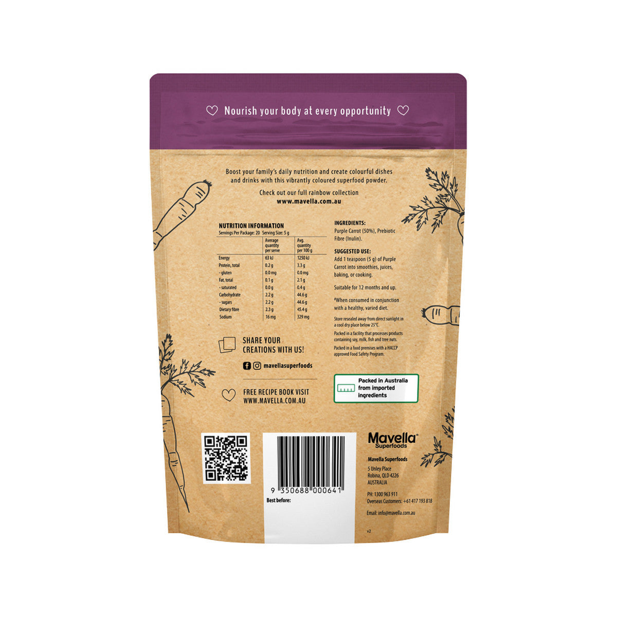 Mavella Superfoods Purple Carrot Powder 100g - Cutprice Online