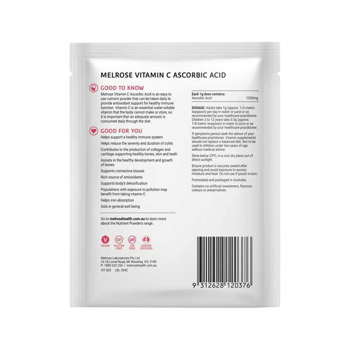 Melrose Vitamin C Ascorbic Acid Oral Powder Sachet 125g - Cutprice Online