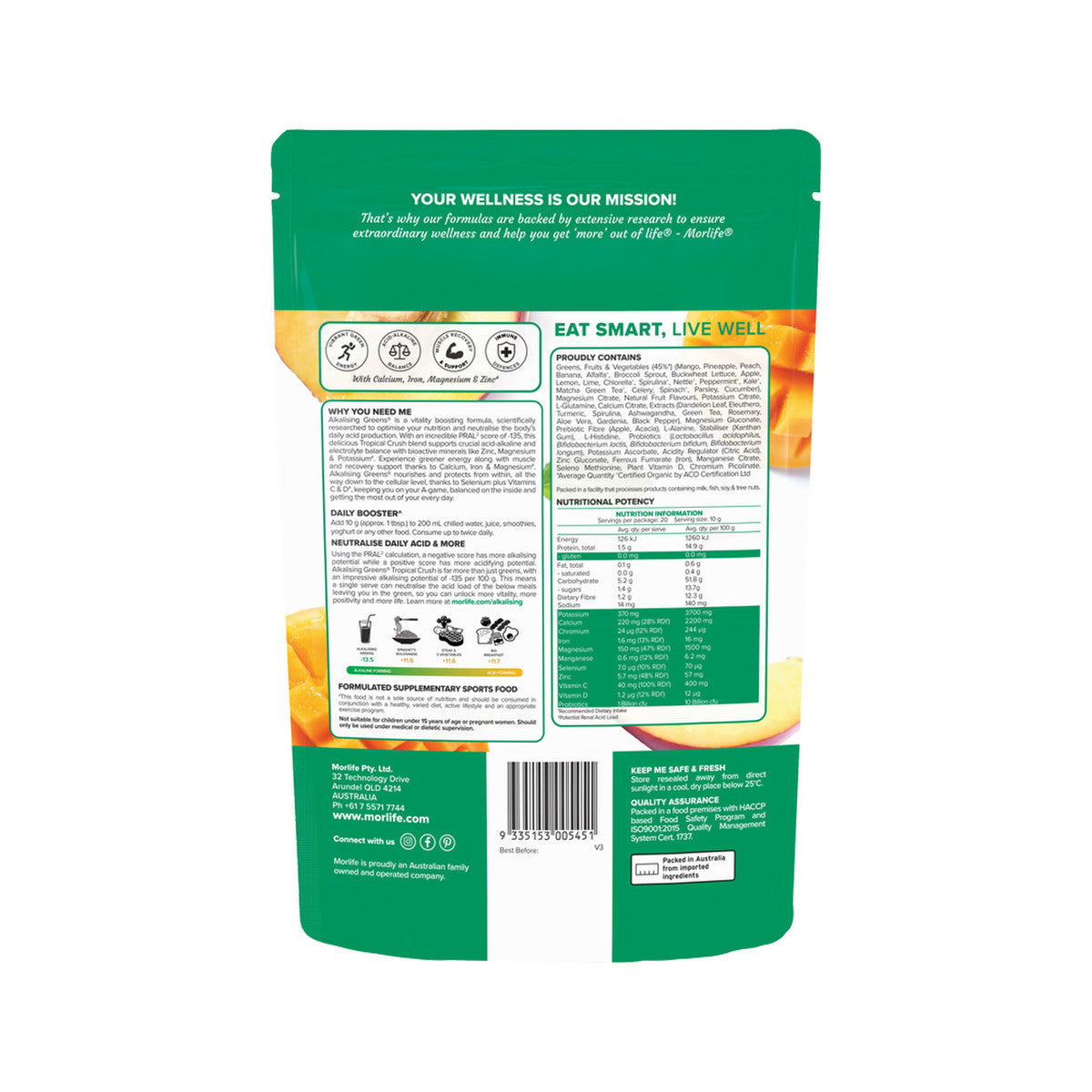 Morlife Alkalising Greens Tropical Crush 200g - Cutprice Online