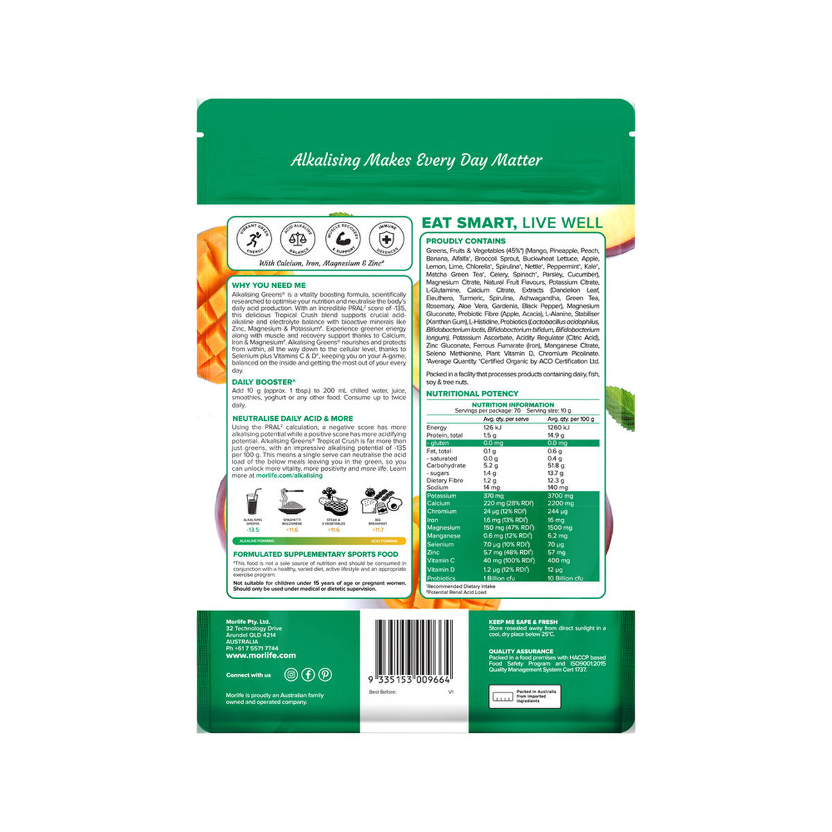 Morlife Alkalising Greens Tropical Crush 700g - Cutprice Online