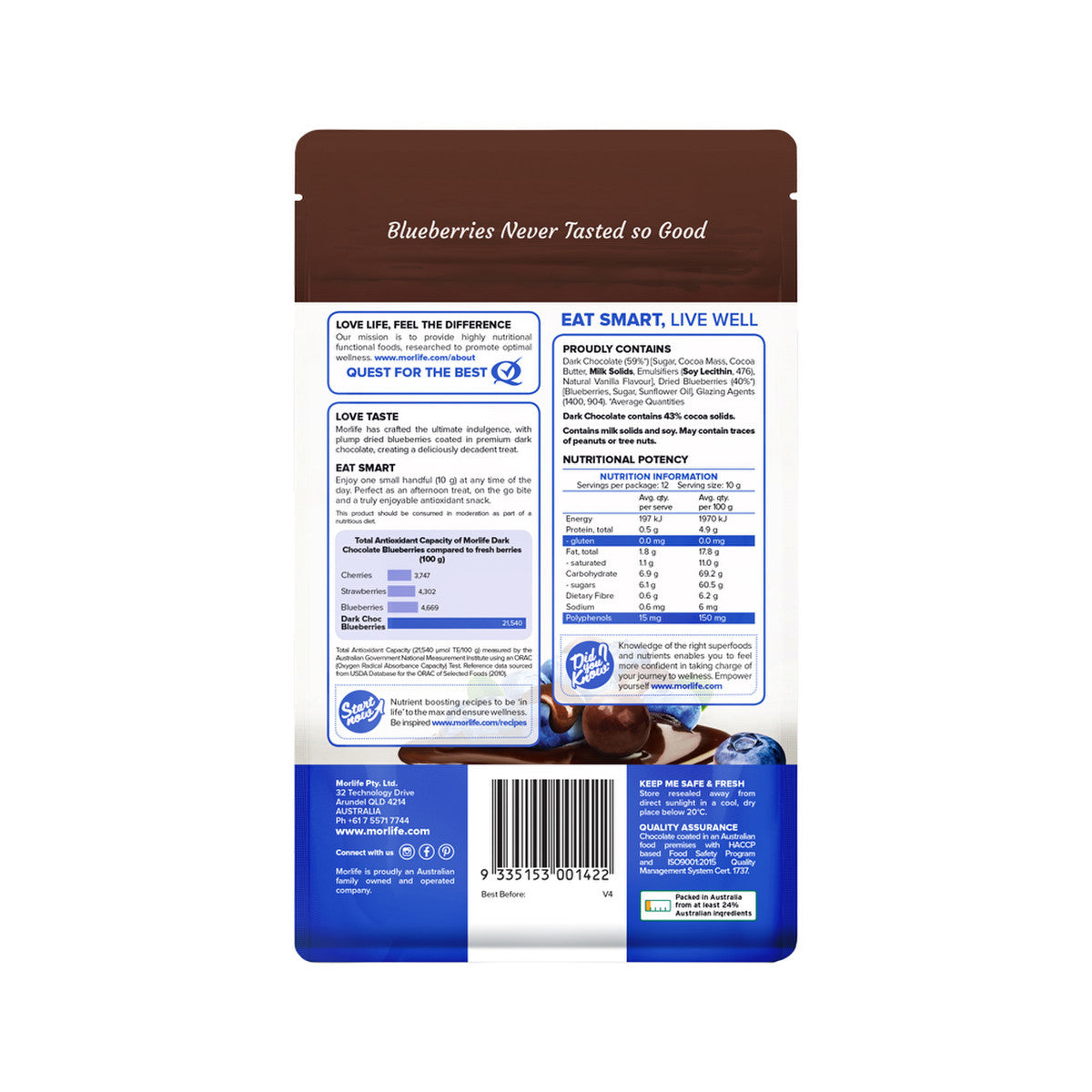 Morlife Dark Chocolate Blueberries 125g - Cutprice Online