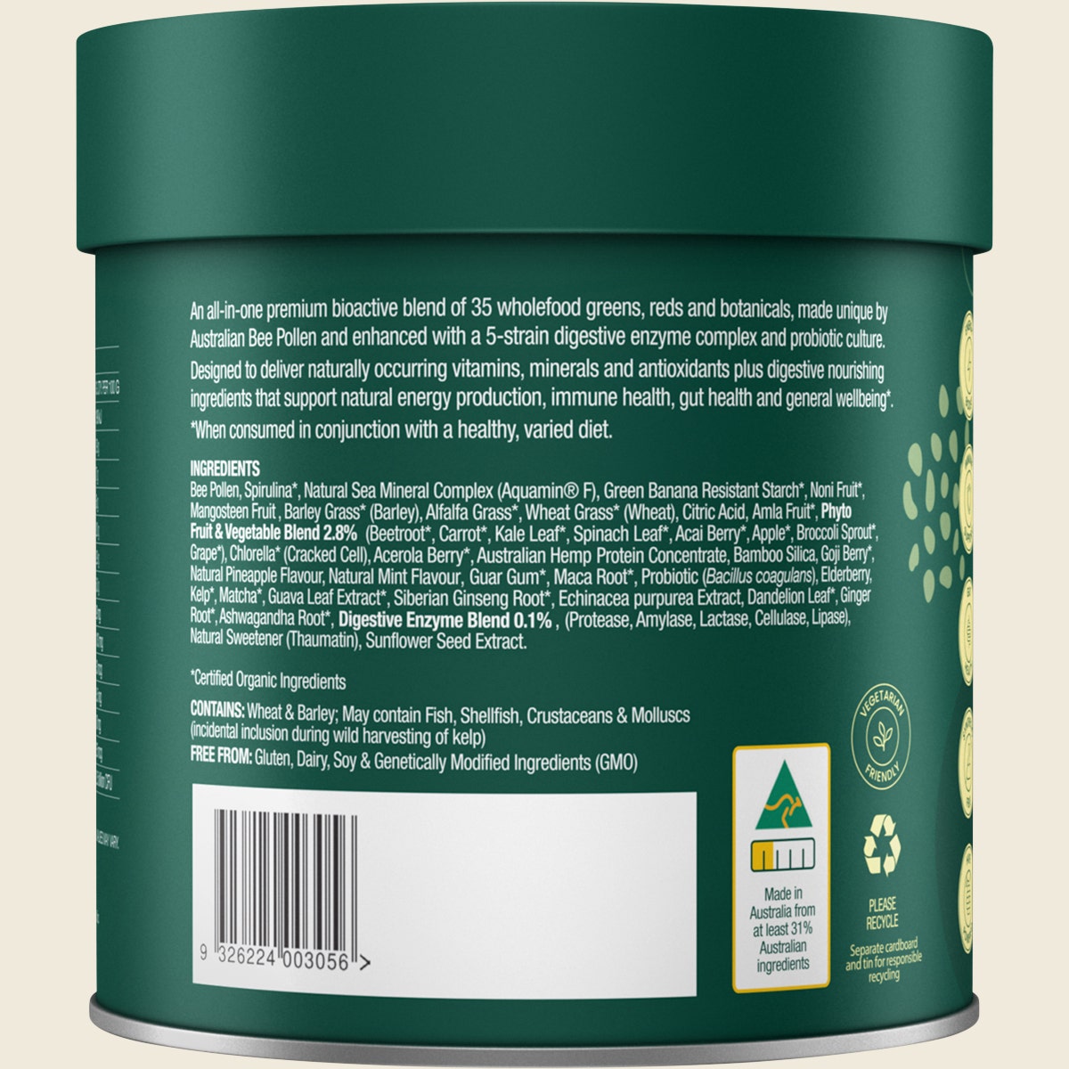 Natural Life Greens & Reds with Bee Pollen Pineapple & Mint 240g