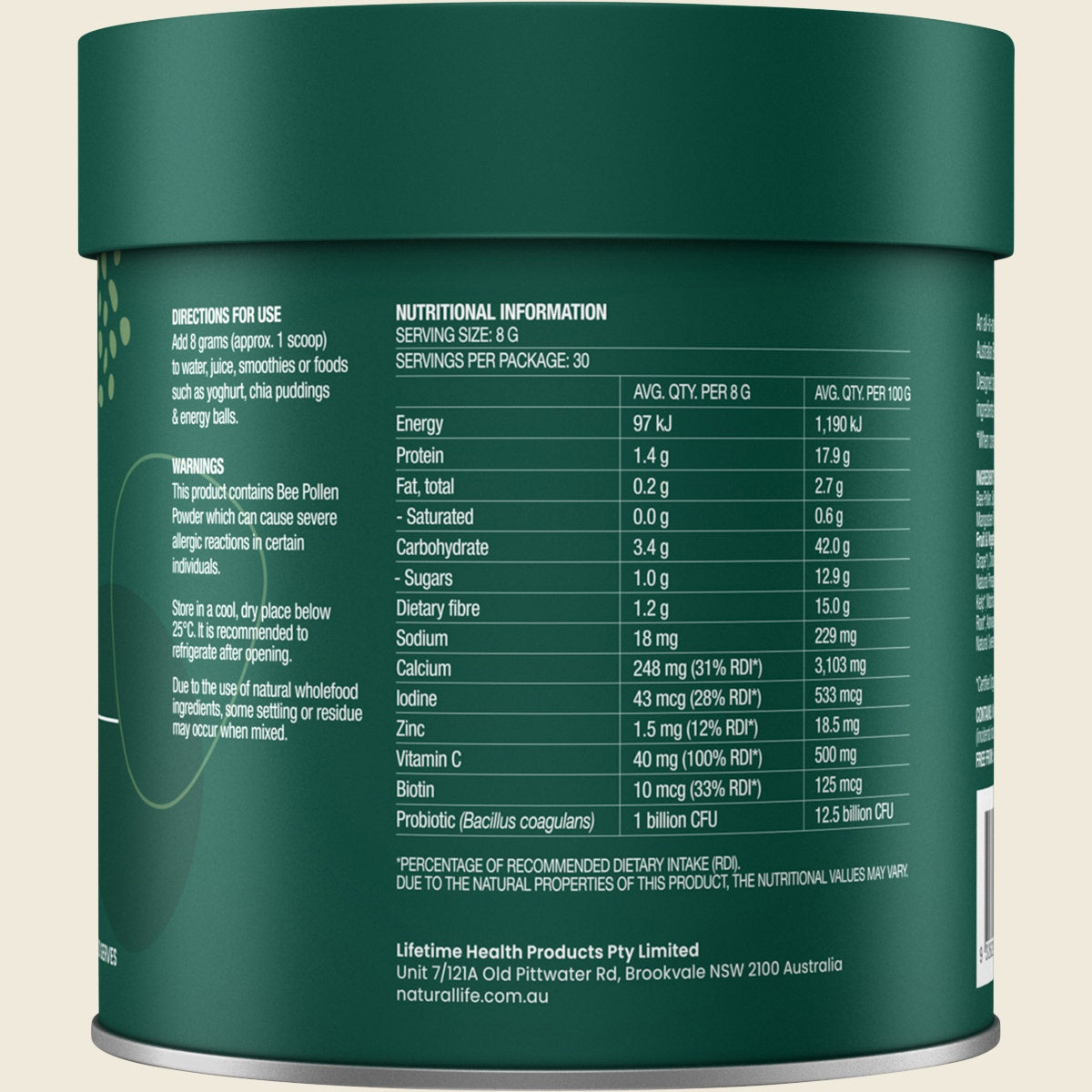 Natural Life Greens & Reds with Bee Pollen Pineapple & Mint 240g