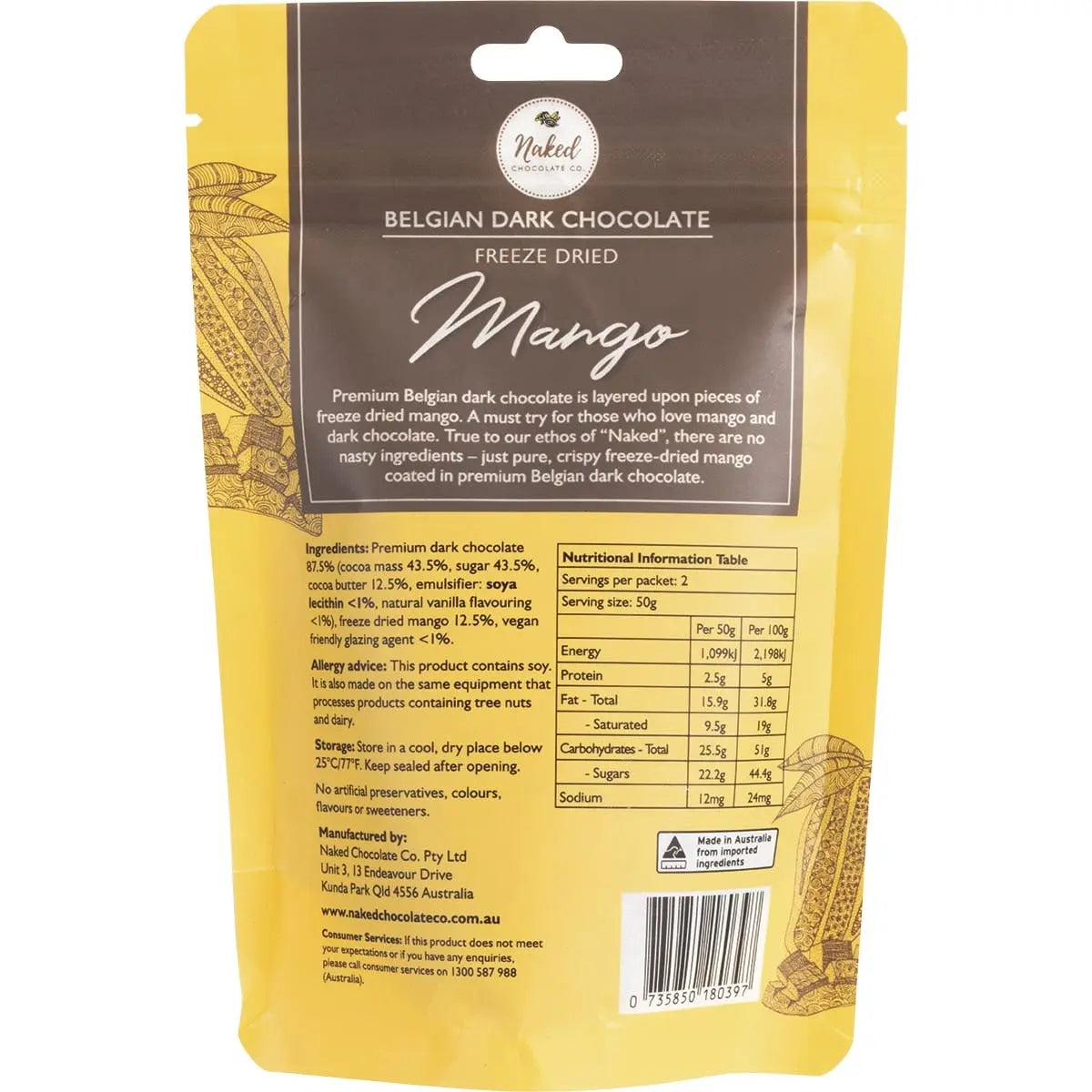 NAKED CHOCOLATE CO Freeze Dried Mango Dark Chocolate 100g NAKED