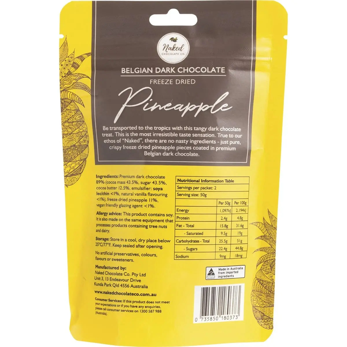 NAKED CHOCOLATE CO Freeze Dried Pineapple Dark Chocolate 100g NAKED