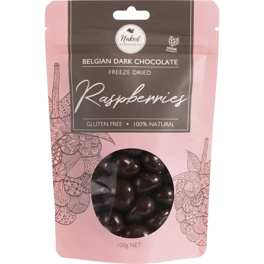 NAKED CHOCOLATE CO Freeze Dried Raspberries Dark Chocolate 100g NAKED