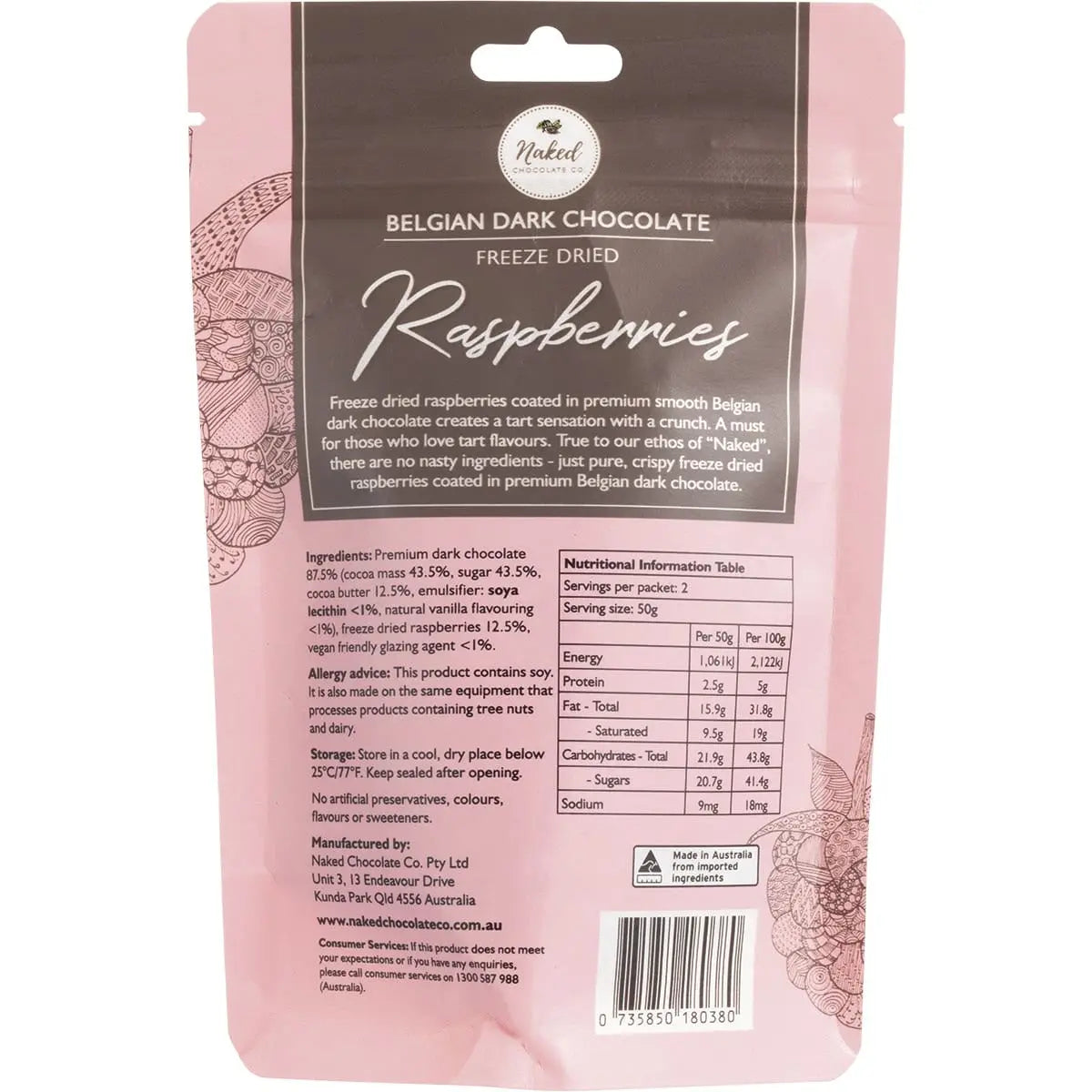 NAKED CHOCOLATE CO Freeze Dried Raspberries Dark Chocolate 100g NAKED