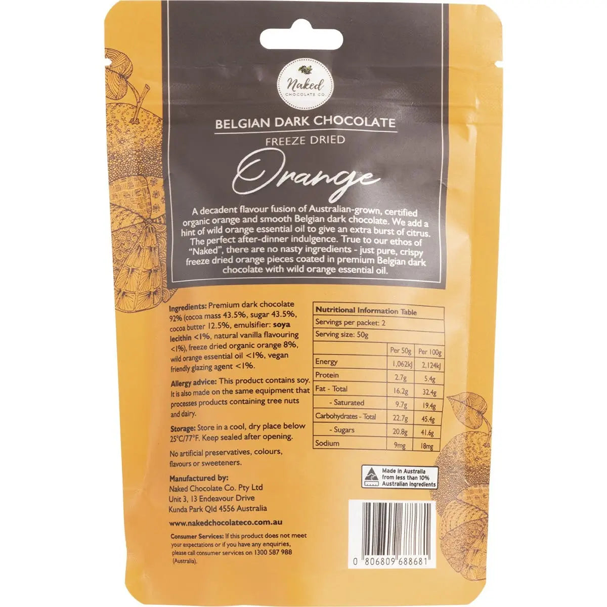 NAKED CHOCOLATE CO Freeze Dried Orange Dark Chocolate 100g NAKED