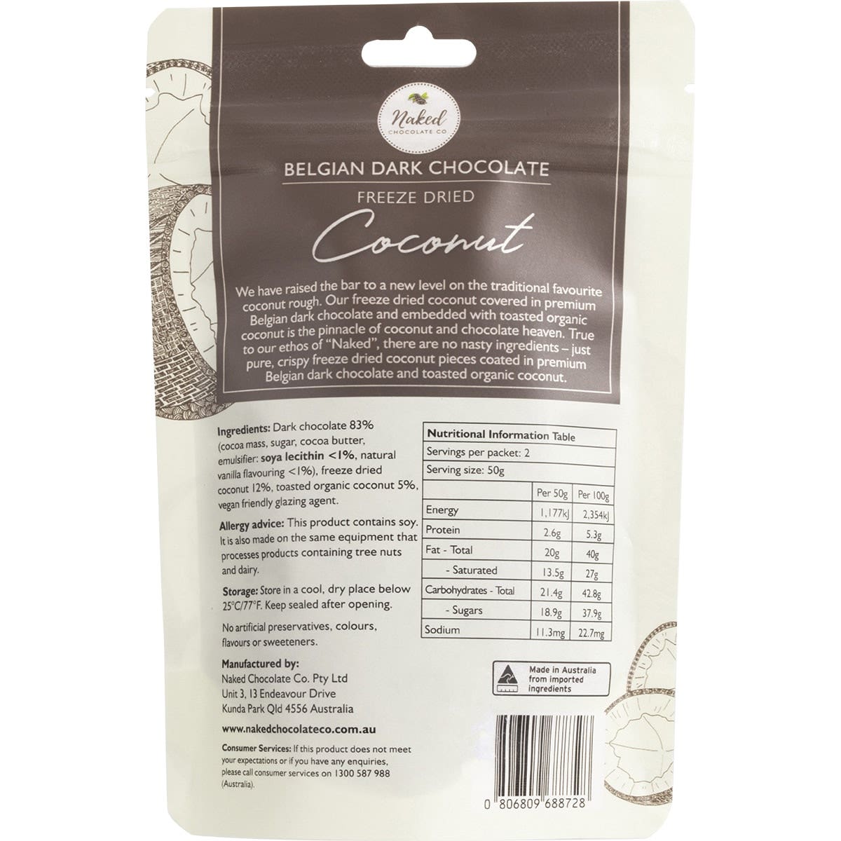 NAKED CHOCOLATE CO Freeze Dried Coconut Dark Chocolate 100g NAKED