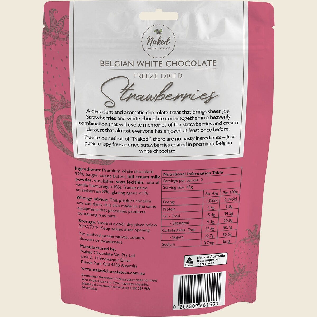 NAKED CHOCOLATE CO Freeze Dried Strawberries White Chocolate 90g NAKED