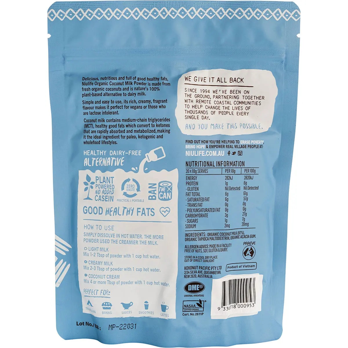 NIULIFE Coconut Milk Powder Makes Up To 2 Litres 200g NIULIFE