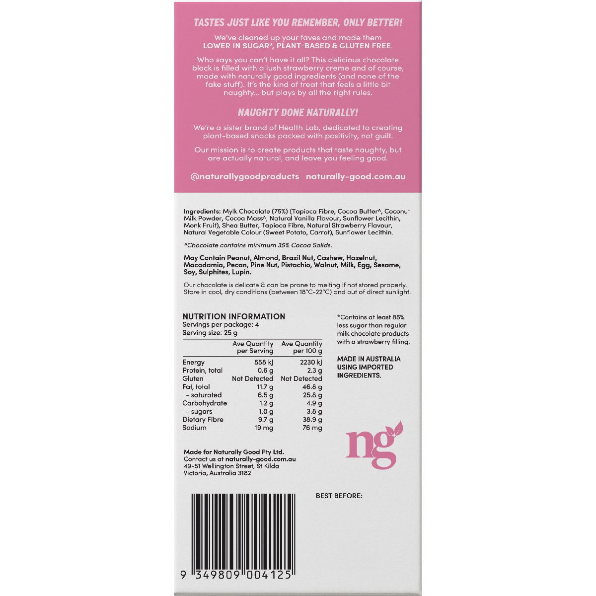 Naturally Good Filled Chocolate Block Strawberry Creme 15x100g