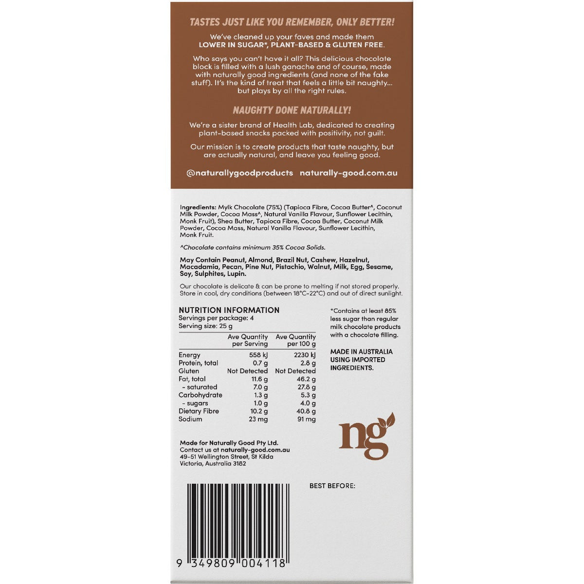 Naturally Good Filled Chocolate Block Ganache 15x100g