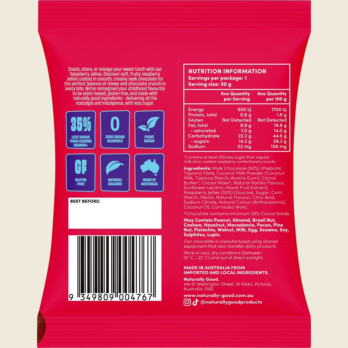 Naturally Good Mylk Choc Coated Raspberry Jellies 35% less sugar 10x50g