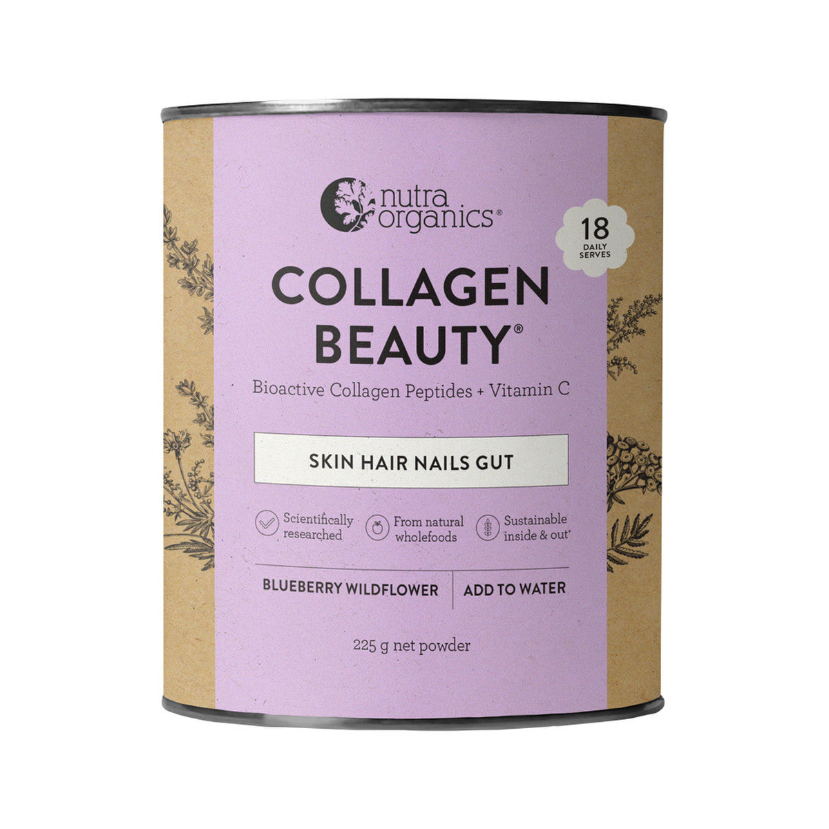 Nutra Organics Collagen Beauty Bioactive Collagen Peptides + Vitamin C Blueberry Wildflower 225g - Cutprice Online