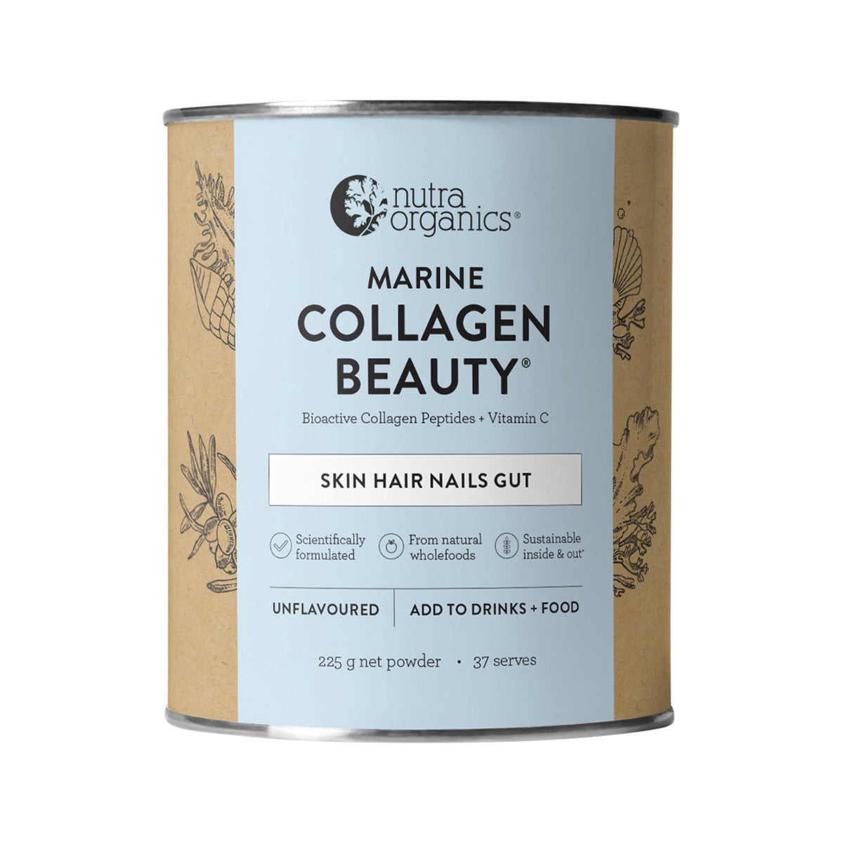 Nutra Organics Marine Collagen Beauty with Bioactive Collagen Peptides + Vitamin C Unflavoured 225g - Cutprice Online