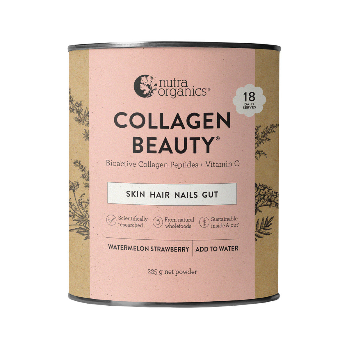 Nutra Organics Collagen Beauty Bioactive Collagen Peptides + Vitamin C Watermelon Strawberry 225g - Cutprice Online