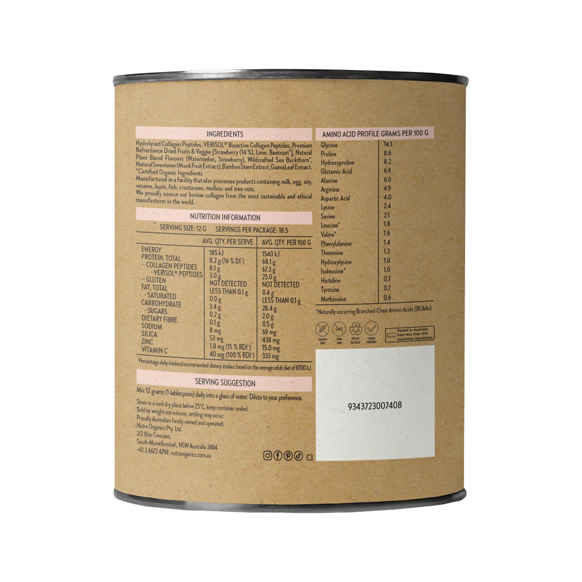 Nutra Organics Collagen Beauty Bioactive Collagen Peptides + Vitamin C Watermelon Strawberry 225g - Cutprice Online