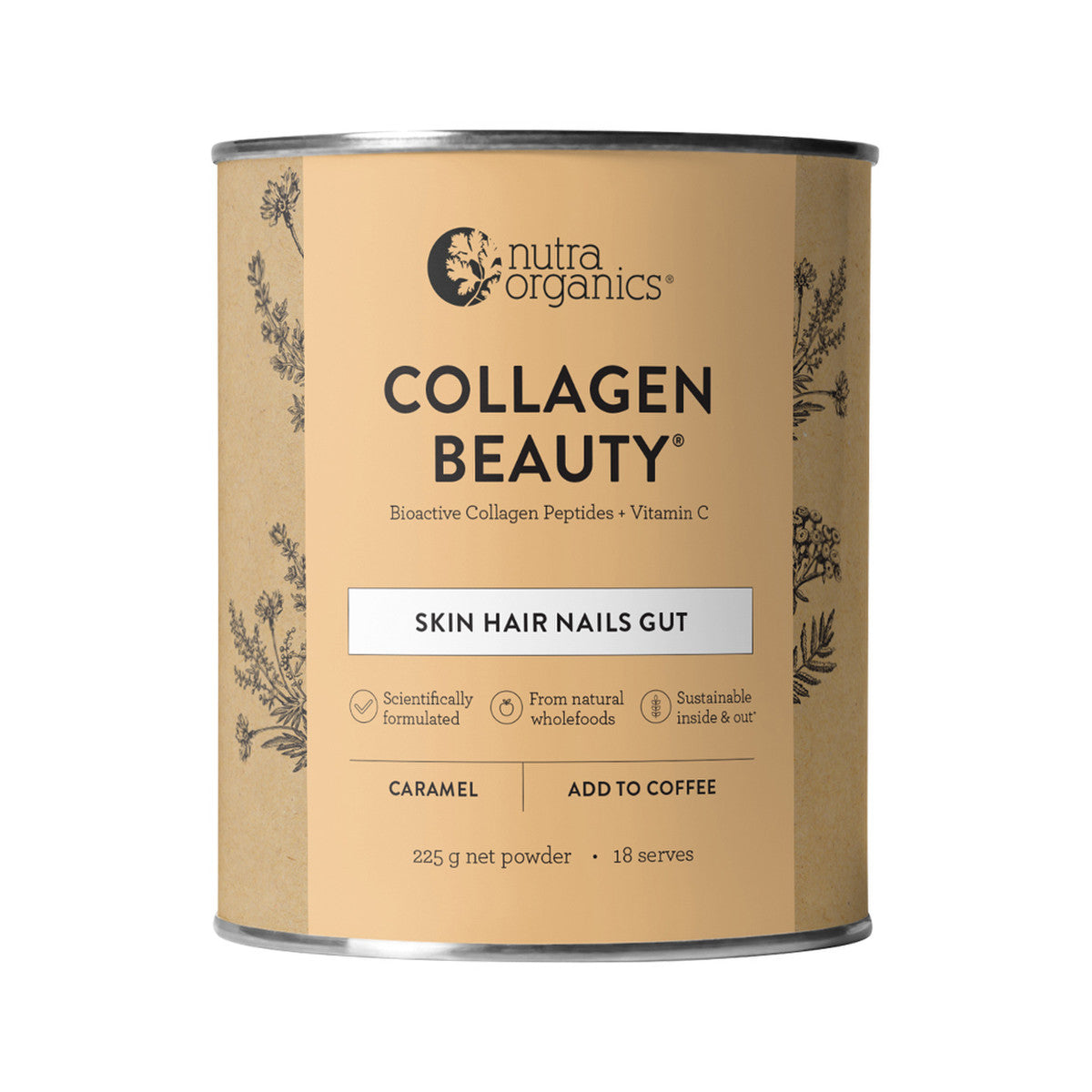 Nutra Organics Collagen Beauty (For Coffee) with Bioactive Collagen Peptides + Vitamin C Caramel 225g - Cutprice Online