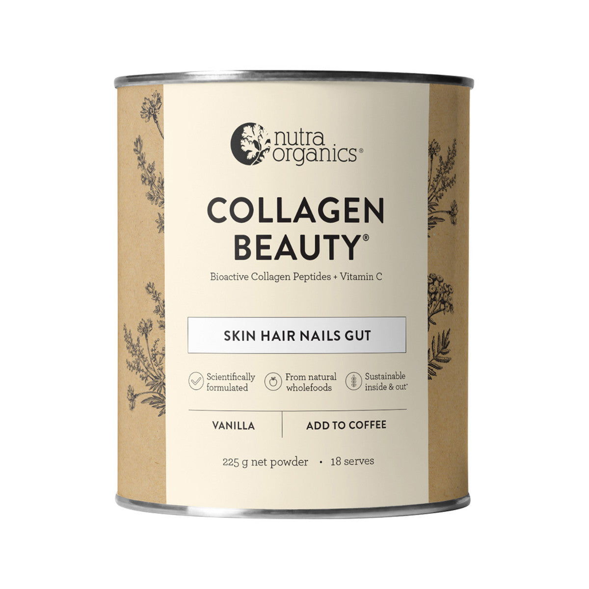 Nutra Organics Collagen Beauty (For Coffee) with Bioactive Collagen Peptides + Vitamin C Vanilla 225g - Cutprice Online