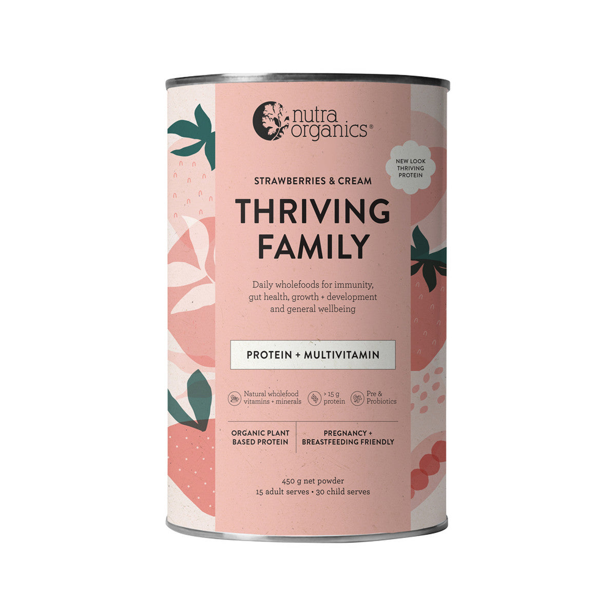 Nutra Organics Organic Thriving Family Protein (Protein + Multivitamin) Strawberries & Cream 450g - Cutprice Online