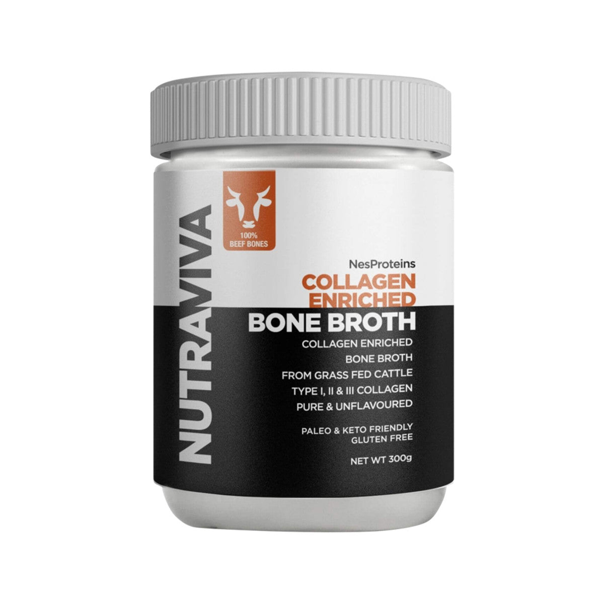 Nutraviva (NesProteins) Bone Broth Collagen Enriched (Beef) Pure & Unflavoured 300g - Cutprice Online