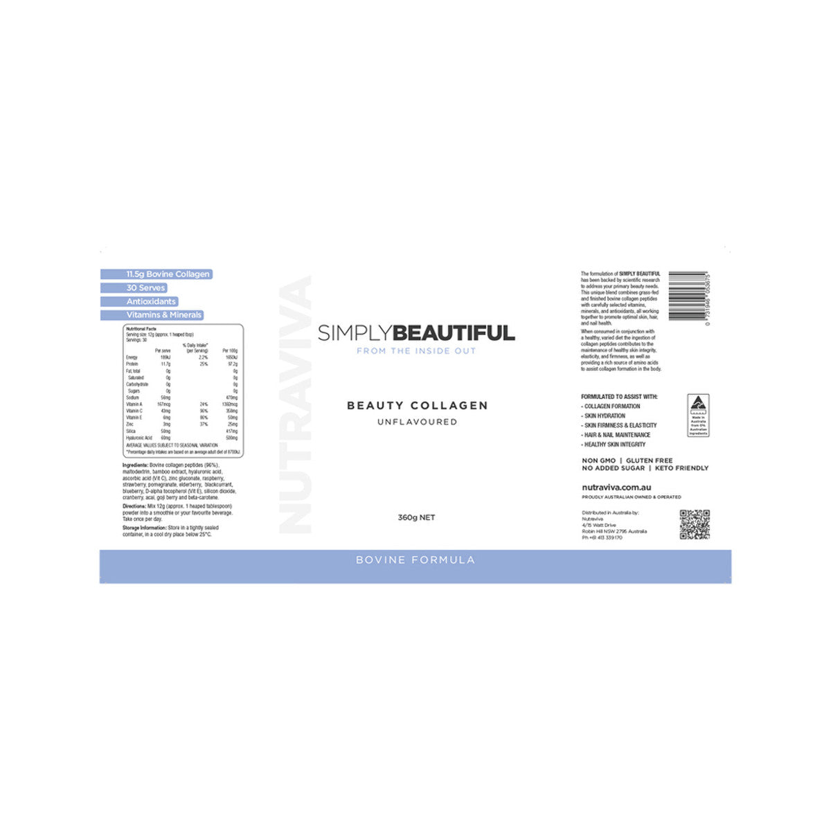 Nutraviva (NesProteins) Simply Beautiful Beauty Collagen Bovine Formula Unflavoured 360g - Cutprice Online