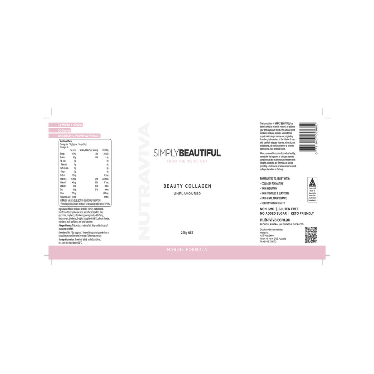 Nutraviva (NesProteins) Simply Beautiful Beauty Collagen Marine Formula Unflavoured 225g - Cutprice Online