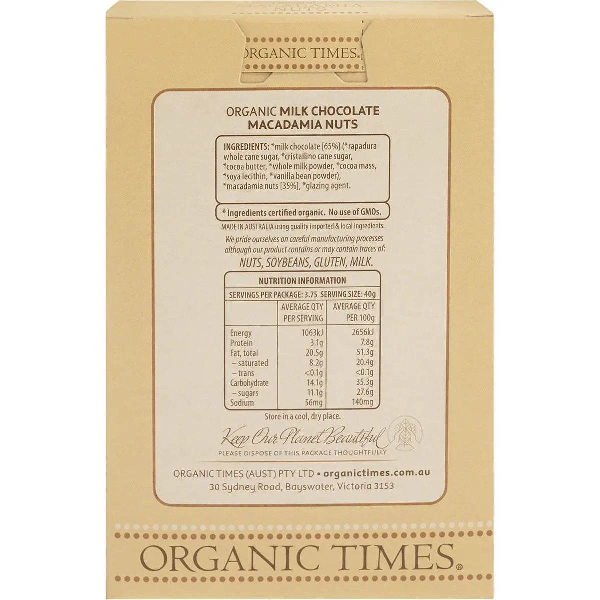 ORGANIC TIMES Milk Chocolate Macadamia Nuts 150g ORGANIC TIMES