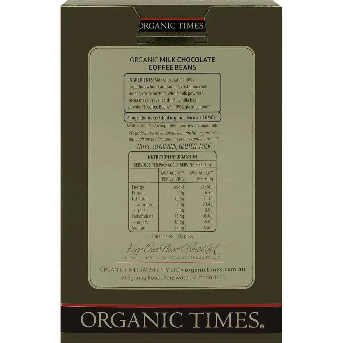 ORGANIC TIMES Milk Chocolate Coffee Beans 150g ORGANIC TIMES