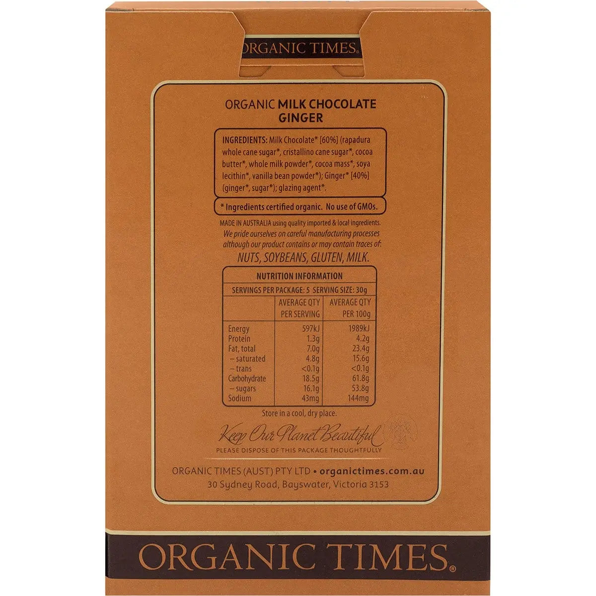 ORGANIC TIMES Milk Chocolate Ginger 150g ORGANIC TIMES