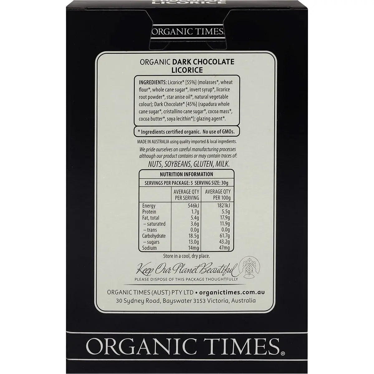 ORGANIC TIMES Dark Chocolate Licorice 150g ORGANIC TIMES