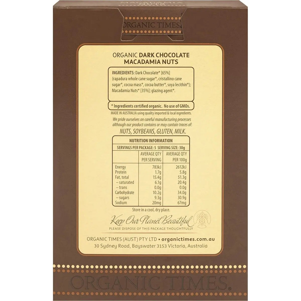 ORGANIC TIMES Dark Chocolate Macadamia Nuts 150g ORGANIC TIMES