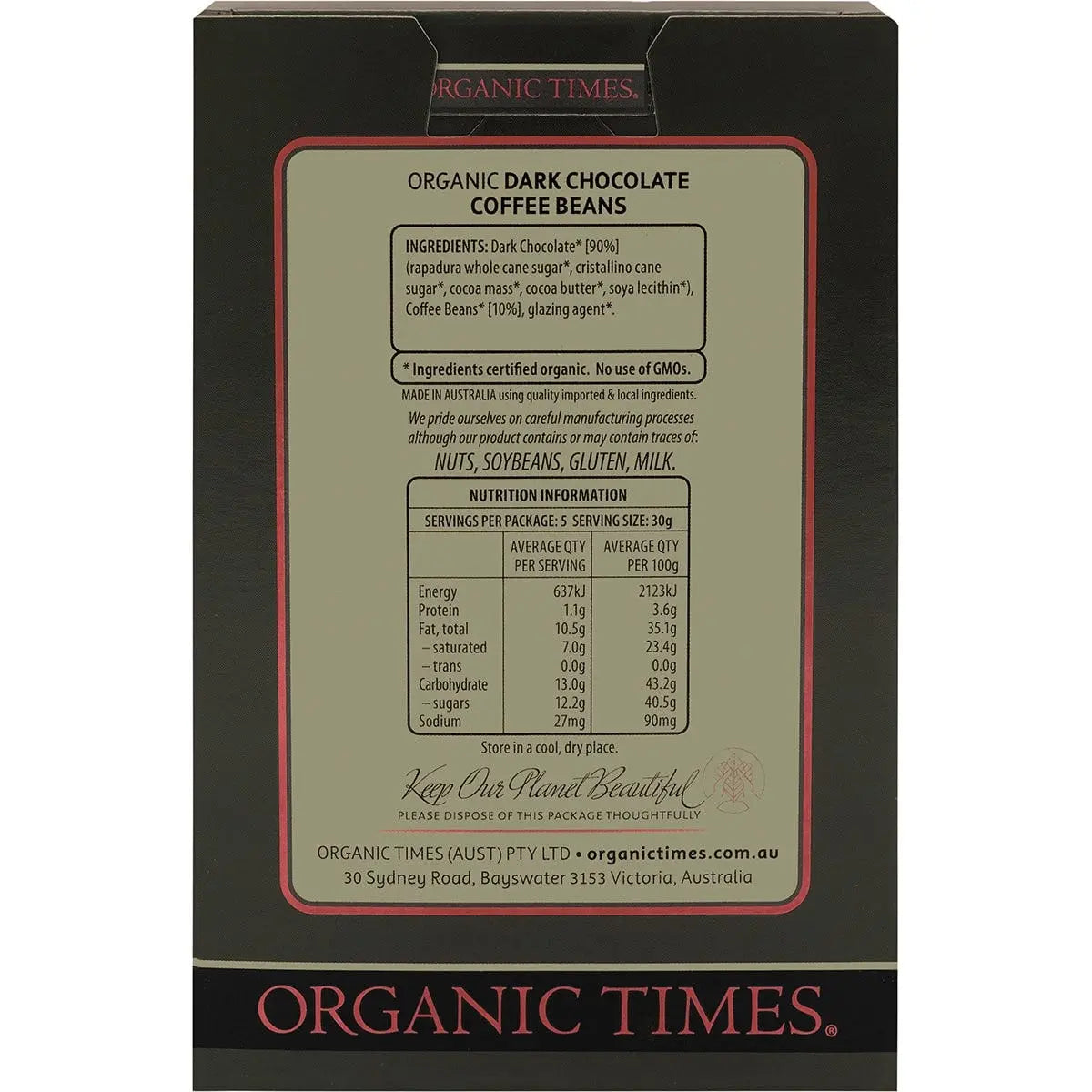 ORGANIC TIMES Dark Chocolate Coffee Beans 150g ORGANIC TIMES
