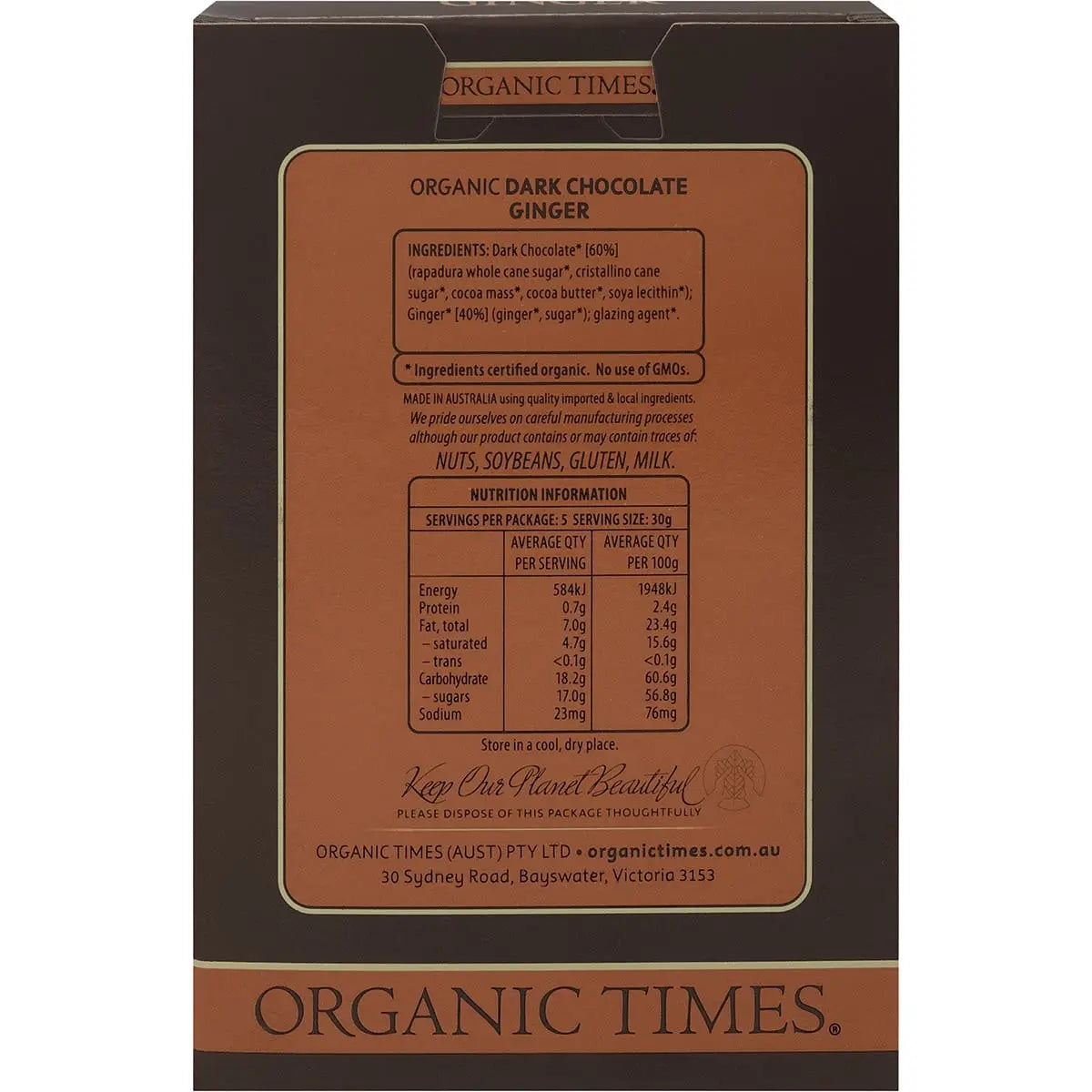 ORGANIC TIMES Dark Chocolate Ginger 150g ORGANIC TIMES