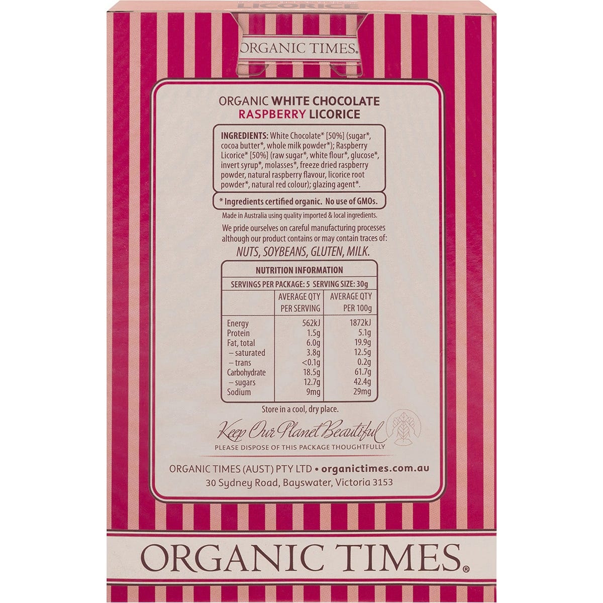 ORGANIC TIMES White Chocolate Raspberry Licorice 150g - Cutprice Online