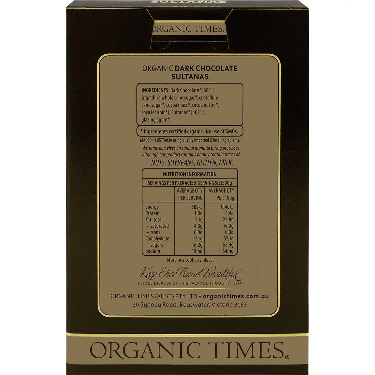 ORGANIC TIMES Dark Chocolate Sultanas 150g ORGANIC TIMES