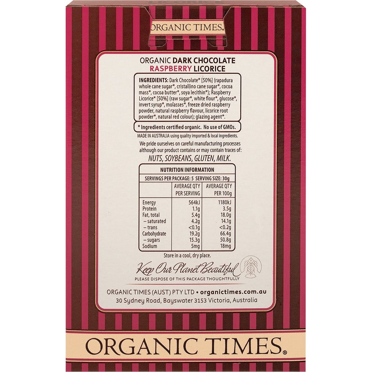 ORGANIC TIMES Dark Chocolate Raspberry Licorice 150g - Cutprice Online