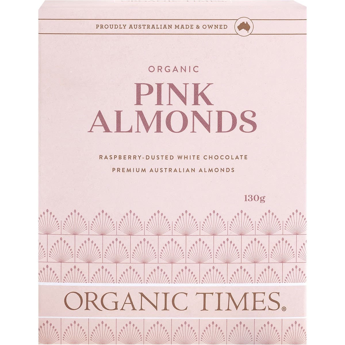 ORGANIC TIMES Pink Raspberry Dusted White Choc Almonds 130g - Cutprice Online