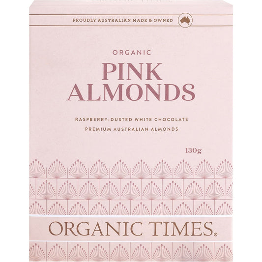 ORGANIC TIMES Pink Raspberry Dusted White Choc Almonds 130g - Cutprice Online