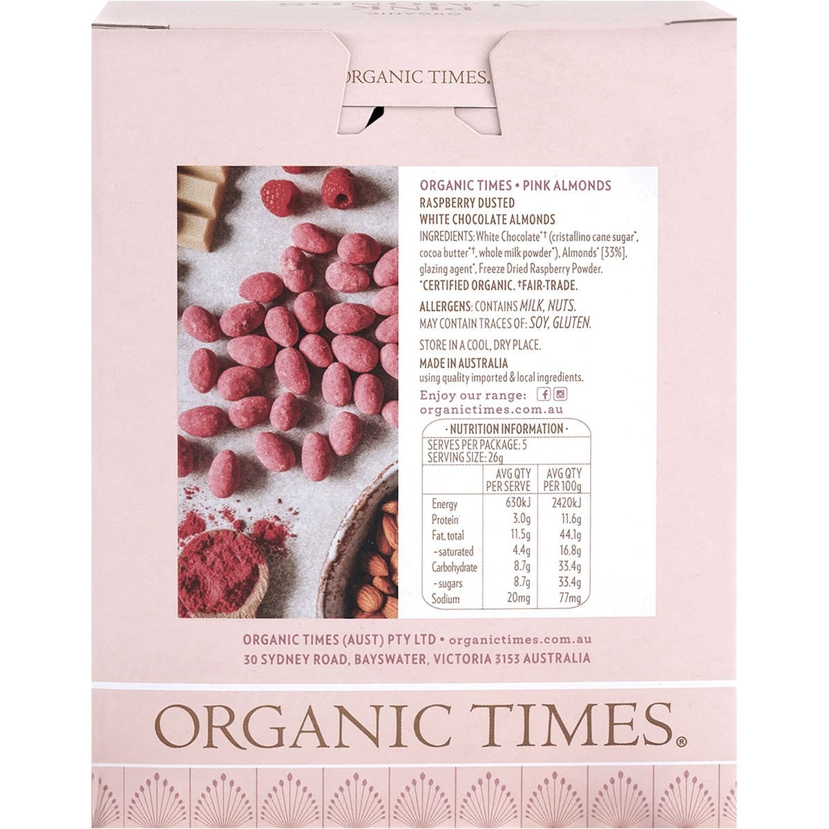 ORGANIC TIMES Pink Raspberry Dusted White Choc Almonds 130g - Cutprice Online