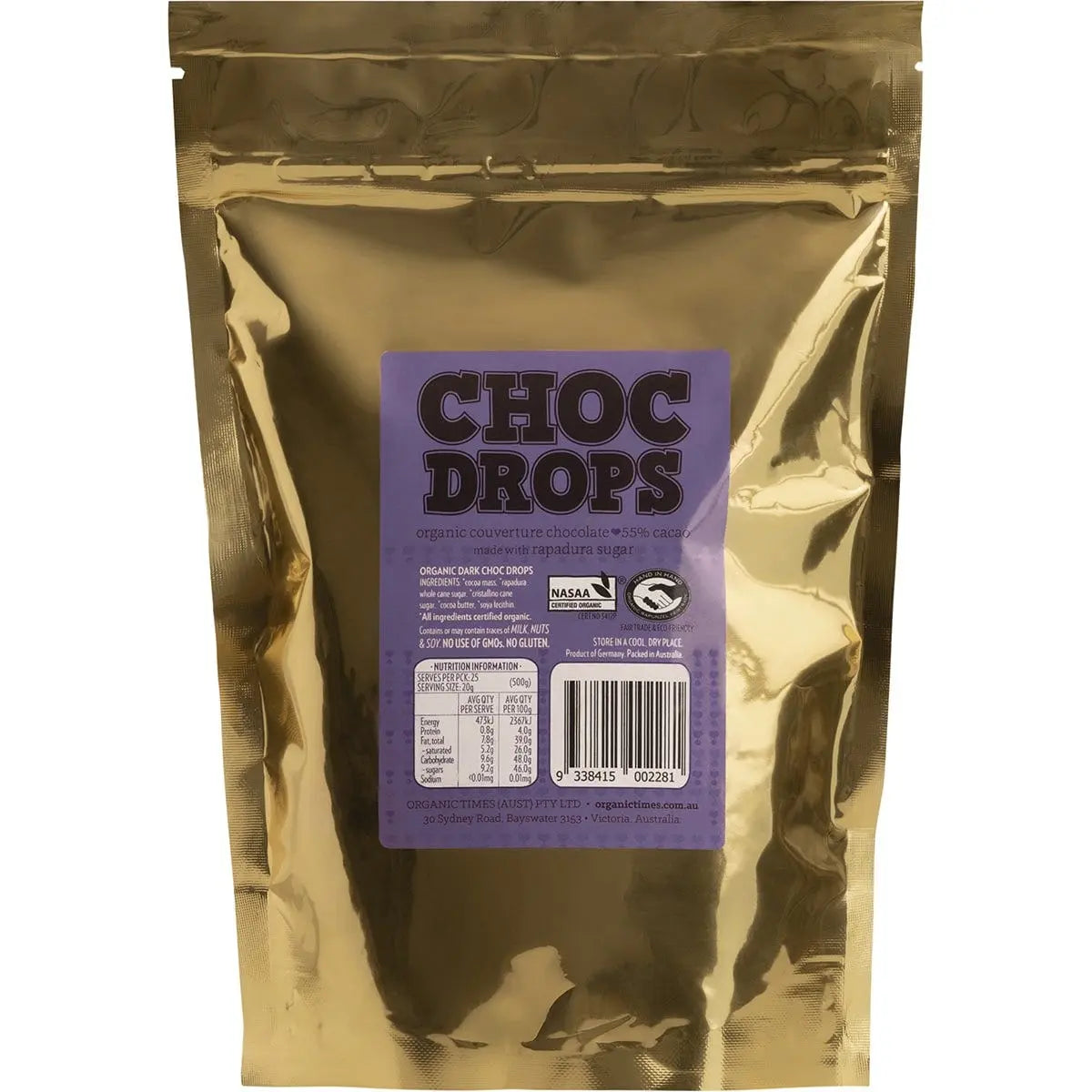 ORGANIC TIMES Choc Drops Dark Couverture Drops 500g ORGANIC TIMES