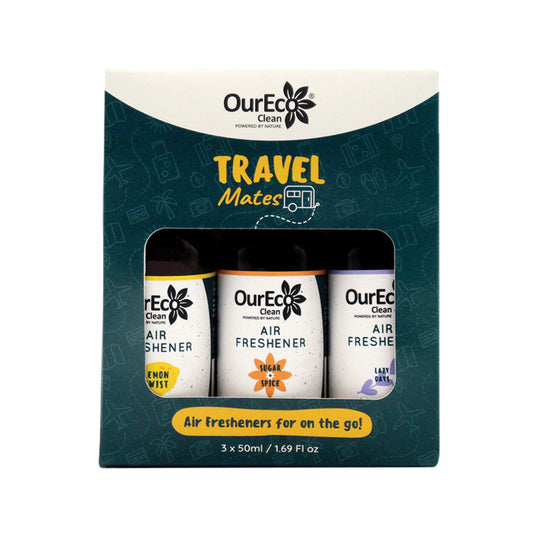 OurEco Clean Air Freshener Travel Mates 50ml x 3 Pack (contains: Lazy Days, Sugar & Spice & Lemon Twist) - Cutprice Online