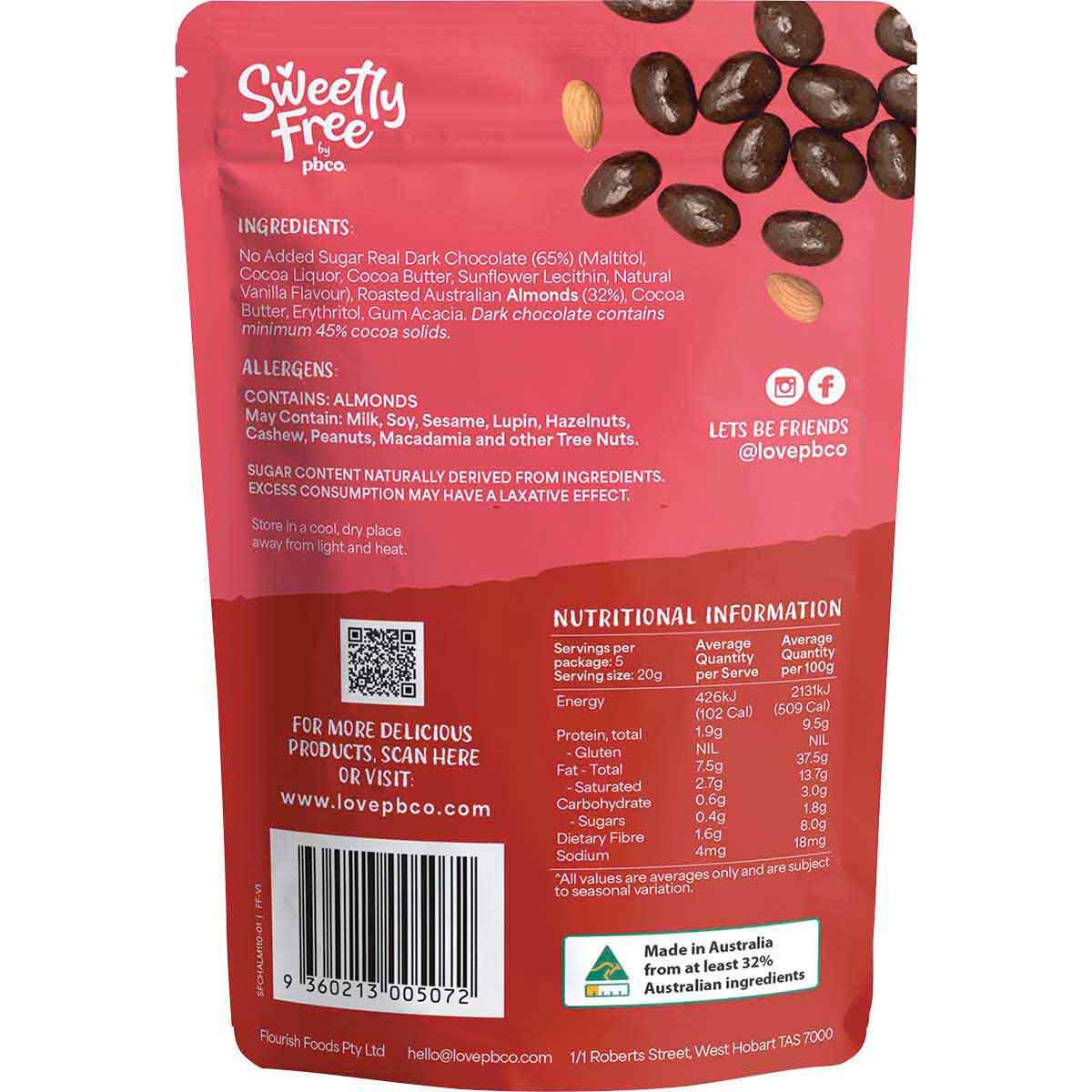 Pbco Sweetly Free Almonds Dark Chocolate No Sugar Added 110g - Cutprice Online