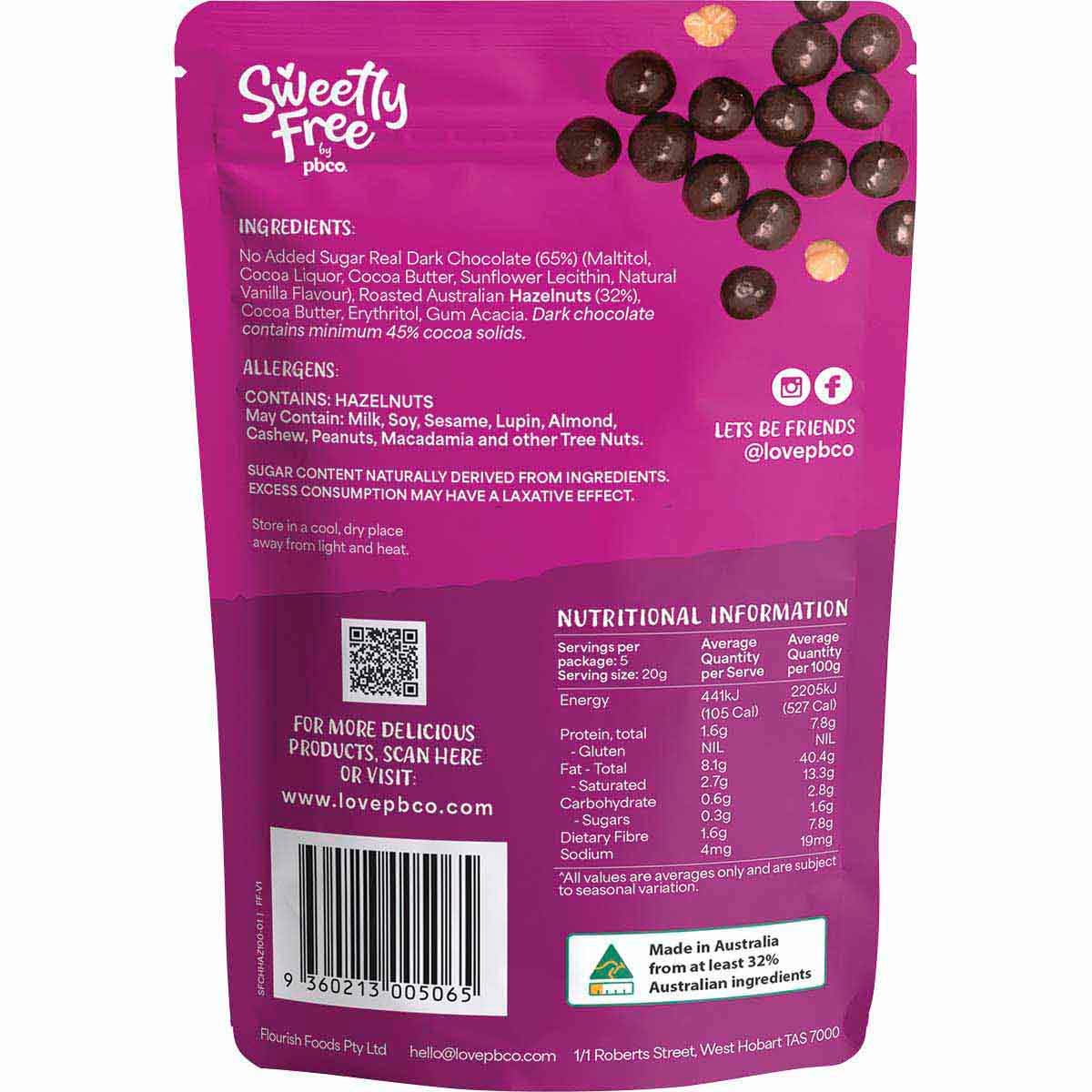 Pbco Sweetly Free Hazelnuts Dark Chocolate No Sugar Added 100g - Cutprice Online