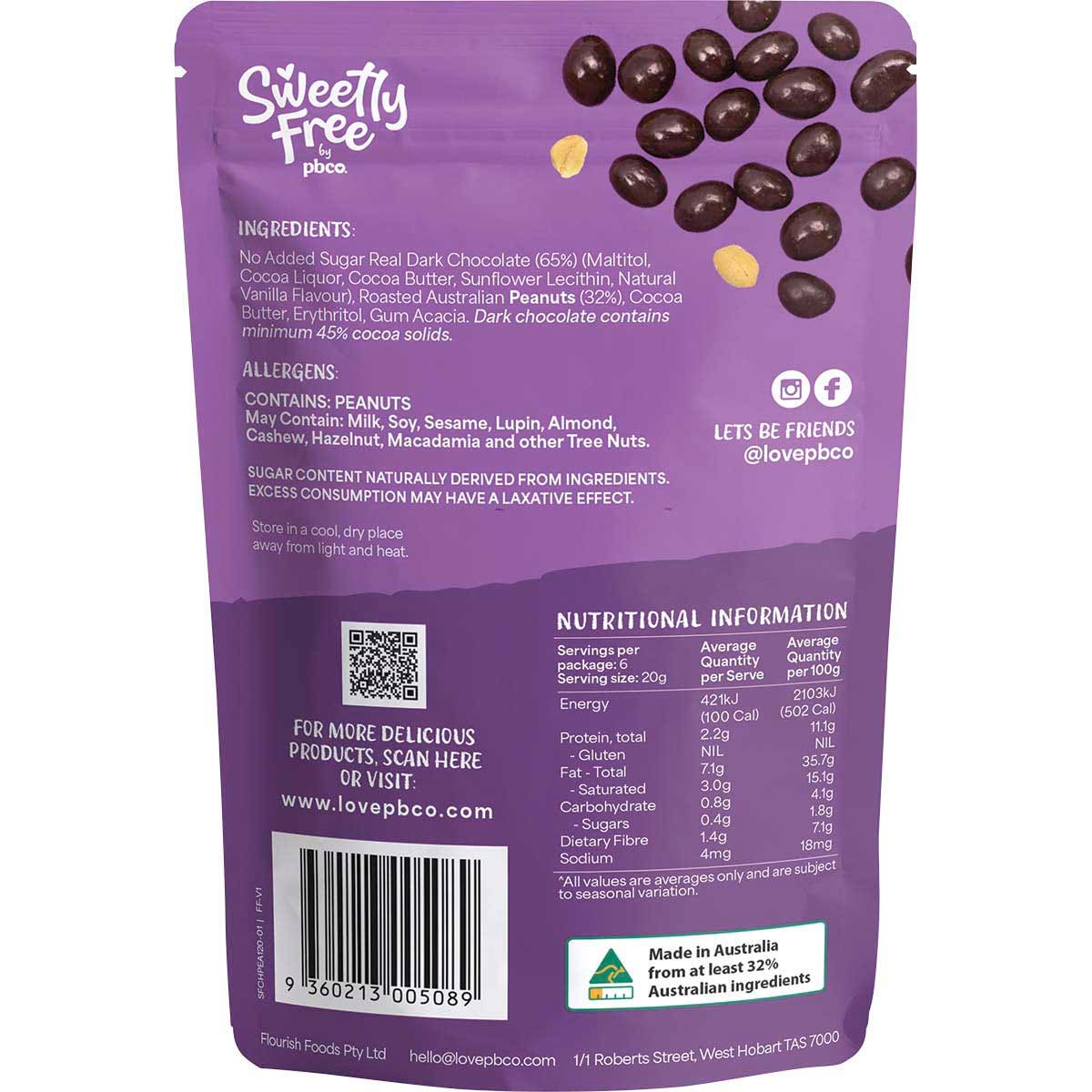 Pbco Sweetly Free Peanuts Dark Chocolate No Sugar Added 120g - Cutprice Online